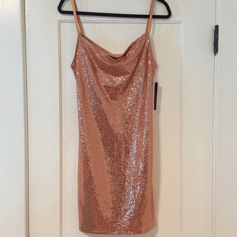 NWT Bebe Rose Gold Cowl Neck Disco Dot Sequin Mini Dress - Size Large